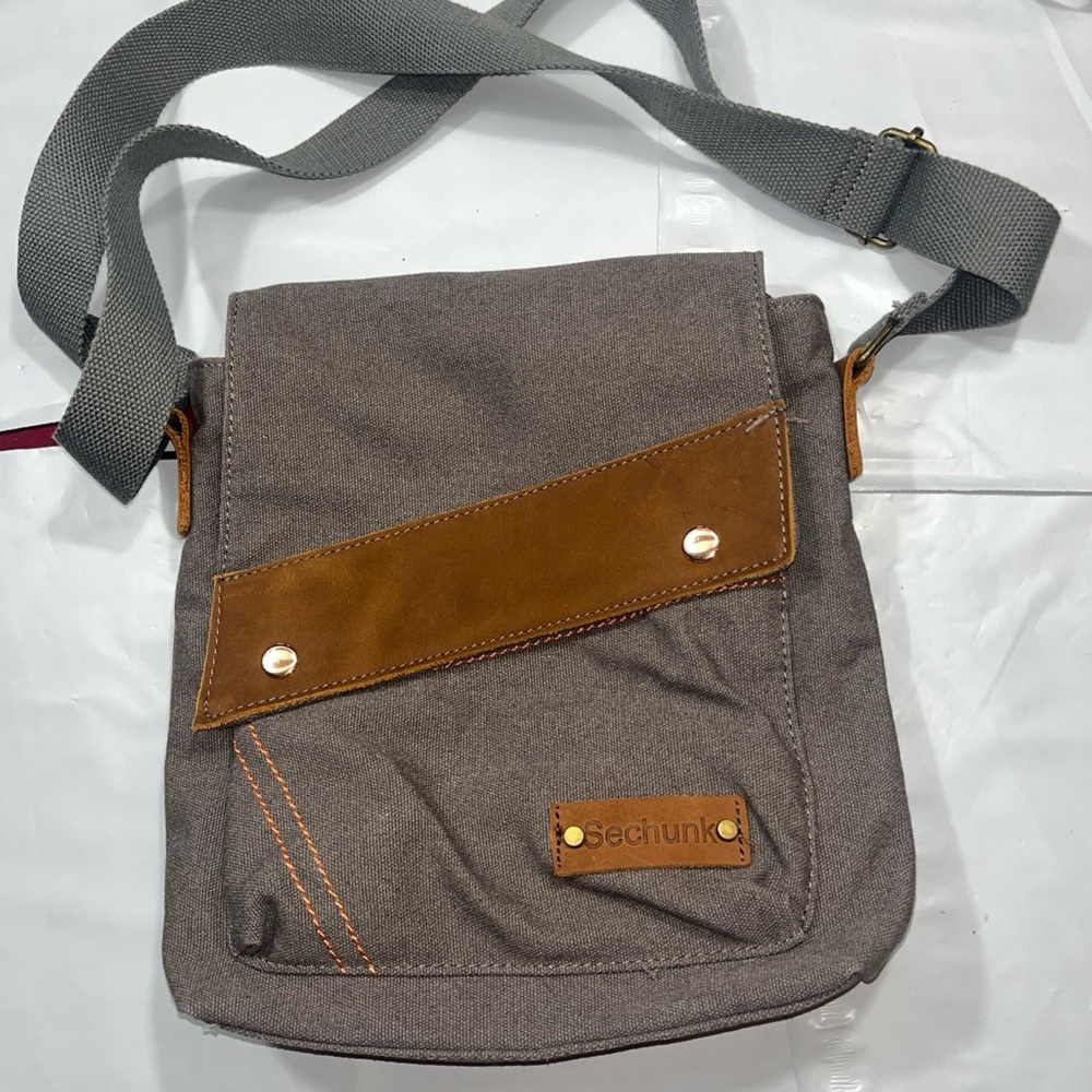 Sechunk Brown Canvas purse, Messenger Flap bag Gray Crossbody strap 12x12”purse
